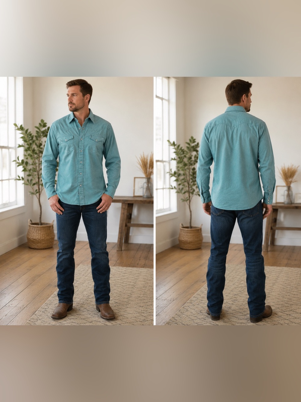 Stetson Teal Patterned Pearl Snap Western Shirt 100% Cotton size Medium GUC